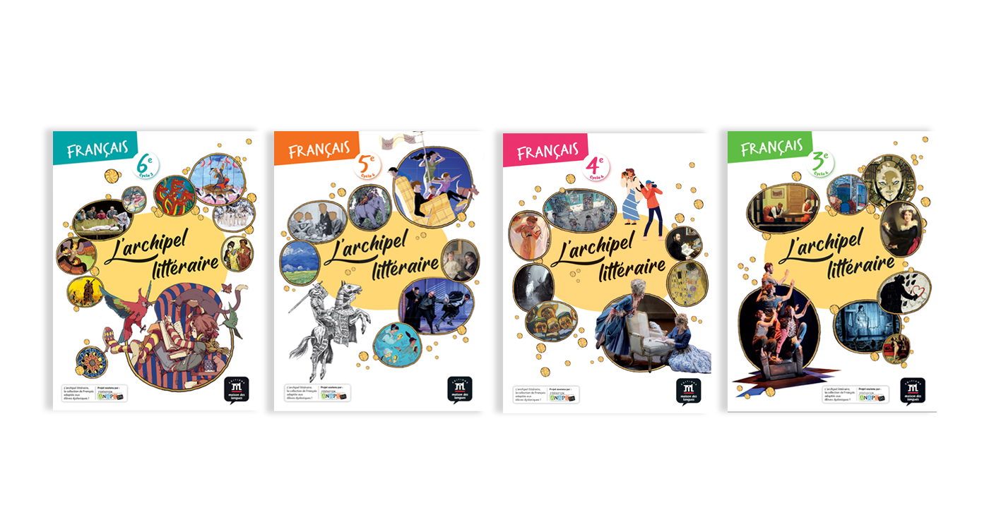 Quatre couvertures de livres littéraires français, numérotées de 3 à 6, intitulées "L'archipel littéraire" avec diverses illustrations et photos, sur fond noir.